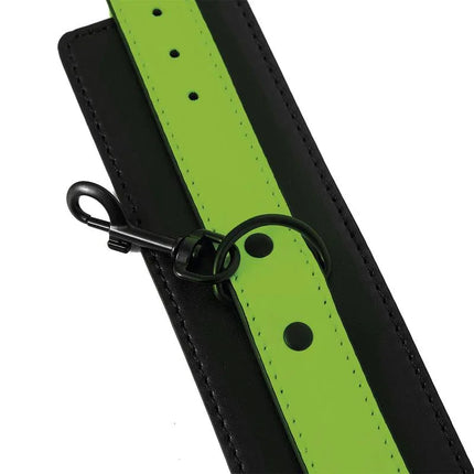 Close-up of Glow in the Dark Anklecuffs made from neoprene and vegan leather with green glow effect and black clasp.