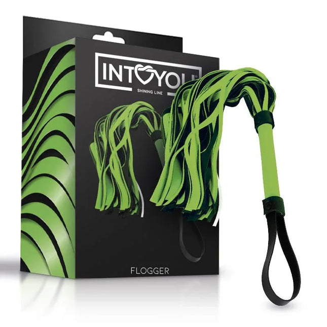 Glow in the Dark Flogger from Intoyou's Shining Line displayed with packaging, made from glow-in-the-dark vegan leather for BDSM enthusiasts.