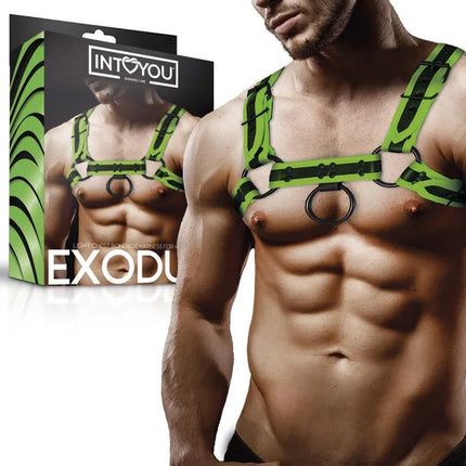 Man wearing Glow in the Dark Bondage Chest Harness from Intoyou, showcasing vegan leather design, glowing in intimate settings.
