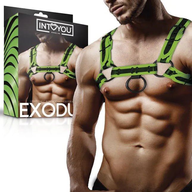 Man wearing Glow in the Dark Bondage Chest Harness from Intoyou, showcasing vegan leather design, glowing in intimate settings.