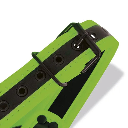 Close-up of Glow in the Dark Bondage Chest Harness with vegan leather straps and metal buckles for safe and stylish fetish wear.