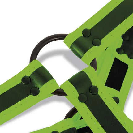 Close-up of Glow in the Dark Bondage Chest Harness detailing with soft-touch vegan leather and metal ring.