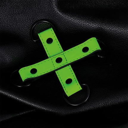 Glow in the Dark Hogtie restraint set with luminous vegan leather on black background for sensual and fetish play