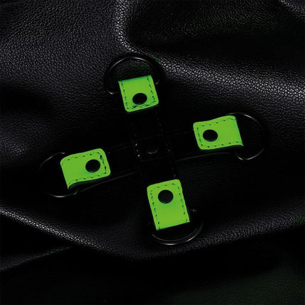Glow in the Dark Hogtie on black fabric, showing vibrant green vegan leather