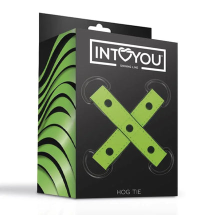 Glow in the Dark Hogtie packaging featuring luminous vegan leather restraints for fetish play by Intoyou Shining Line.