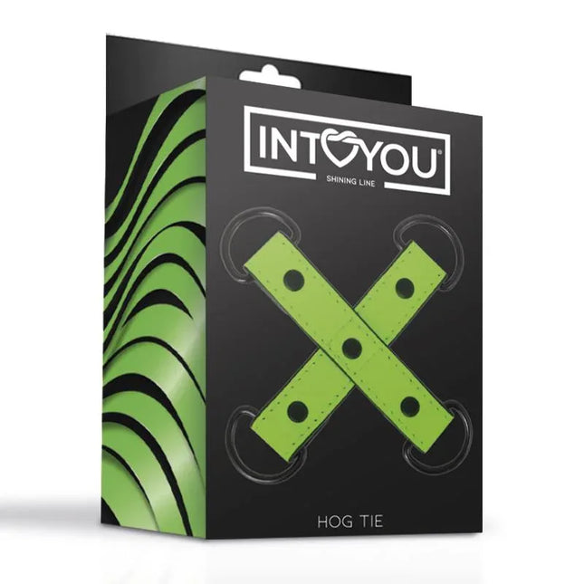 Glow in the Dark Hogtie packaging featuring luminous vegan leather restraints for fetish play by Intoyou Shining Line.