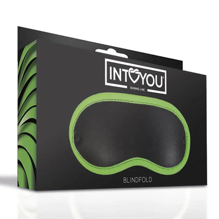 Glow in the Dark Blindfold from Intoyou Shining Line packaging with green edges, a classic for bondage games.