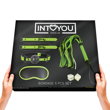 Glow in the Dark Bondage Set with 5 Pzs packaging from Intoyou Shining Line featuring luminous design and premium materials.