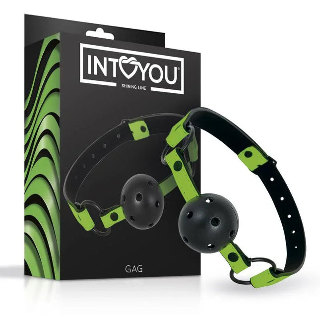 Glow in the Dark Breathable Ball Gag from Intoyou Shining Line packaging and product display.