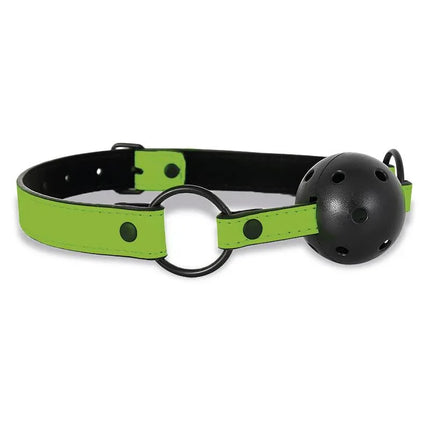 Glow in the Dark Breathable Ball Gag with green strap and black ball, designed for comfort and illumination.