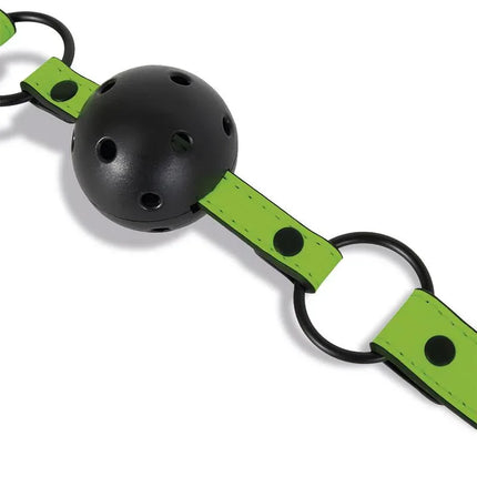 Glow in the Dark Breathable Ball Gag with green strap for fetish enthusiasts