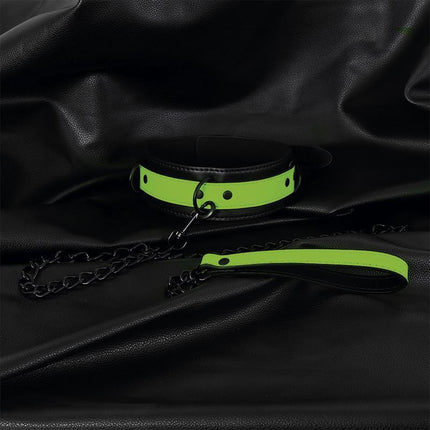 Glow in the Dark Collar with Leash on black leather surface