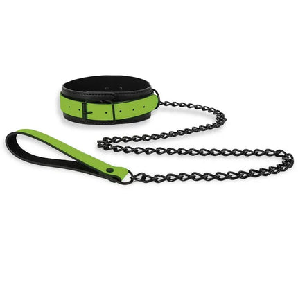 Glow in the Dark Collar with Leash featuring neon green design and black chain, ideal for fetish play and illuminated experiences