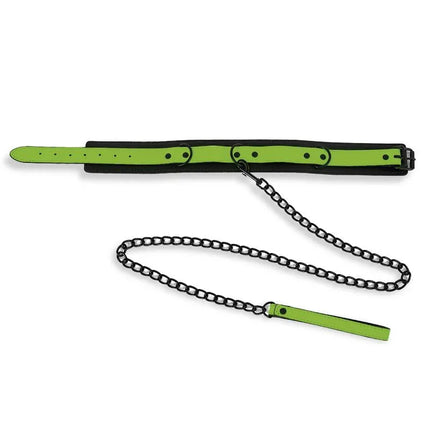 Glow in the Dark Collar with Leash featuring illuminated green design and adjustable buckle for intimate exploration.