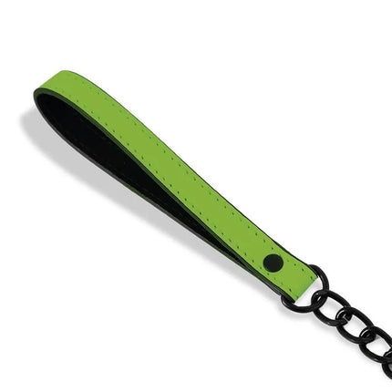 Glow in the Dark Collar with Leash featuring vibrant green strap and black chain detail.