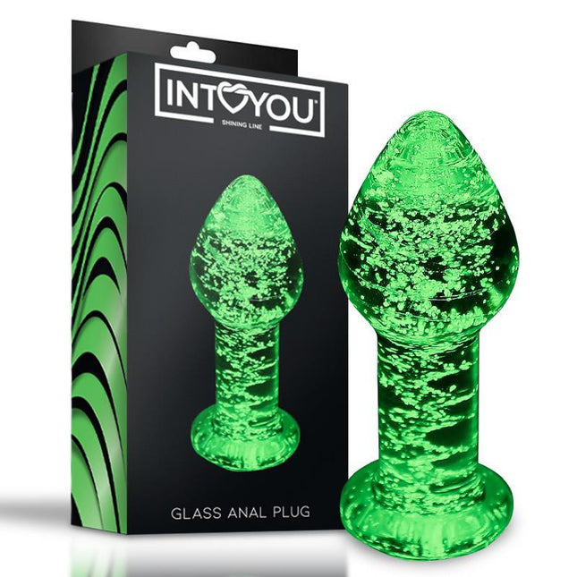 Glow in the Dark Glass Butt Plug with packaging, luminous green design for enhanced intimate experiences, Intoyou Shining Line