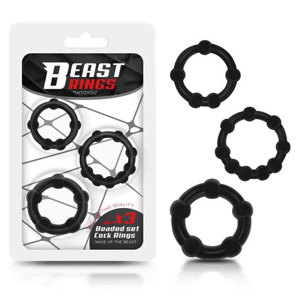Set of 3 Cock Ring Beaded Flexible Black, featuring three beaded rings for enhanced performance, displayed with packaging.