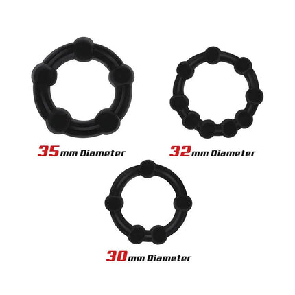 Set of 3 Cock Ring Beaded Flexible Black with sizes 3.5 cm, 3.2 cm, 3 cm for enhanced intimacy and comfortable wear.