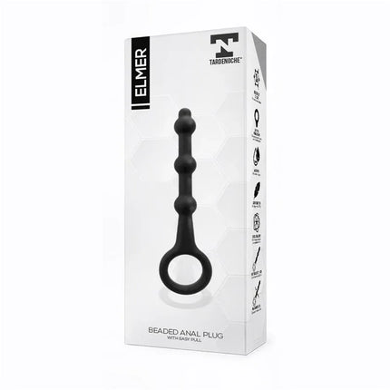 Elmer Beaded Butt Plug with Easy Pull Ring Silicone Black packaging