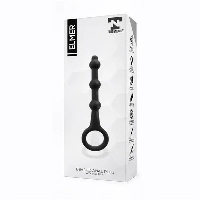Elmer Beaded Butt Plug with Easy Pull Ring Silicone Black packaging