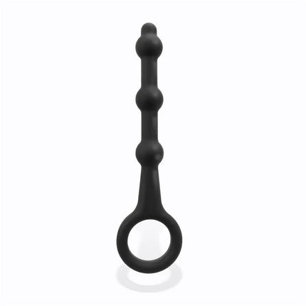 Elmer Beaded Butt Plug with Easy Pull Ring Silicone Black showcasing its textured design and pull ring.