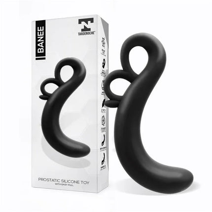 Banee Prostativ Stimulator with Easy Pull Silicone Black ergonomic prostate stimulator by TardeNoche displayed with packaging.