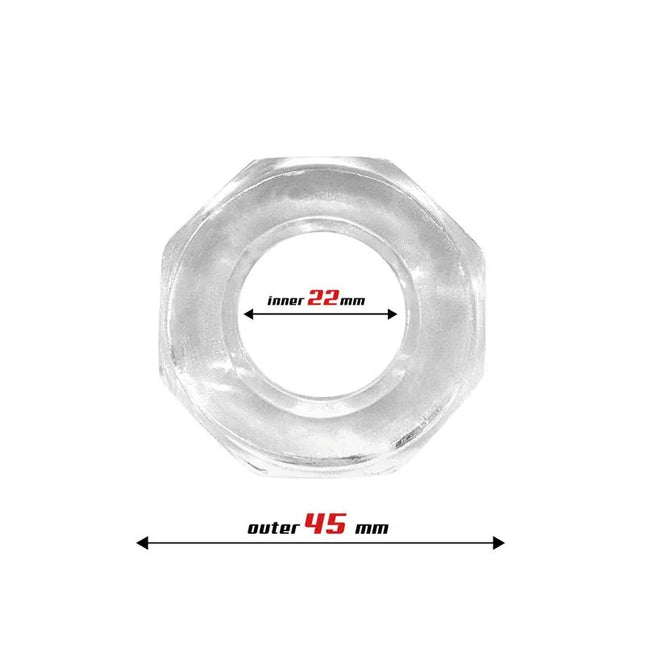Cock Ring Super Flexible Polygon 2.2 cm Clear, transparent ring with 22 mm inner diameter and 45 mm outer diameter.
