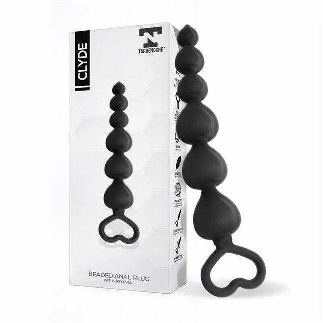 Clyde Beaded Butt Plug with Easy Pull Ring Silicone Black product image and packaging