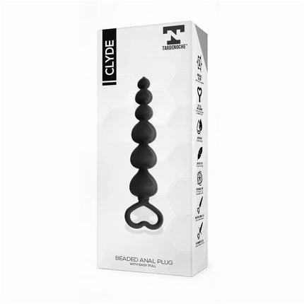 Clyde Beaded Butt Plug with Easy Pull Ring Silicone Black packaging