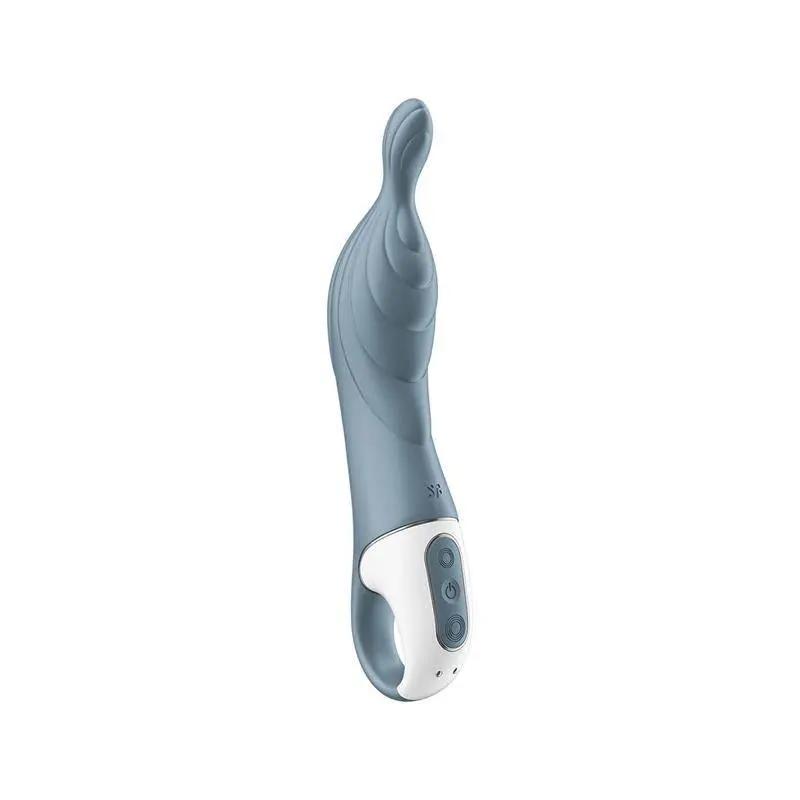 Grey curved silicone stimulator with ergonomic shape and white base featuring control buttons.