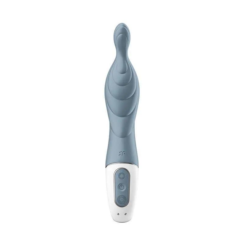 Grey ergonomic stimulator with curved tip and white base featuring two buttons.