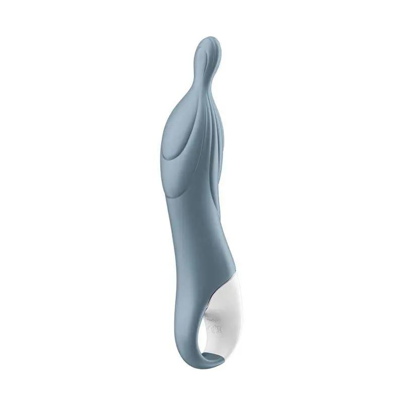 Grey silicone stimulator with curved tip and white base handle.