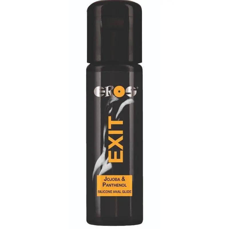 Black bottle of EROS Exit Anal Base Lubricant with orange and white text, 100 ml.