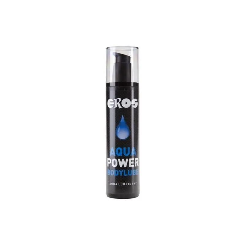 Black cylindrical pump bottle of EROS Aqua Power Bodylube with blue water drop graphic, 250 ml.