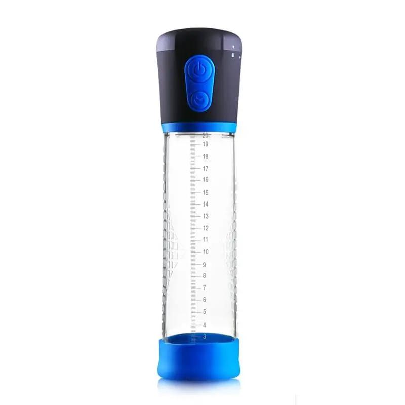 Transparent cylindrical automatic penis pump with black and blue control top and blue base, featuring measurement markings.