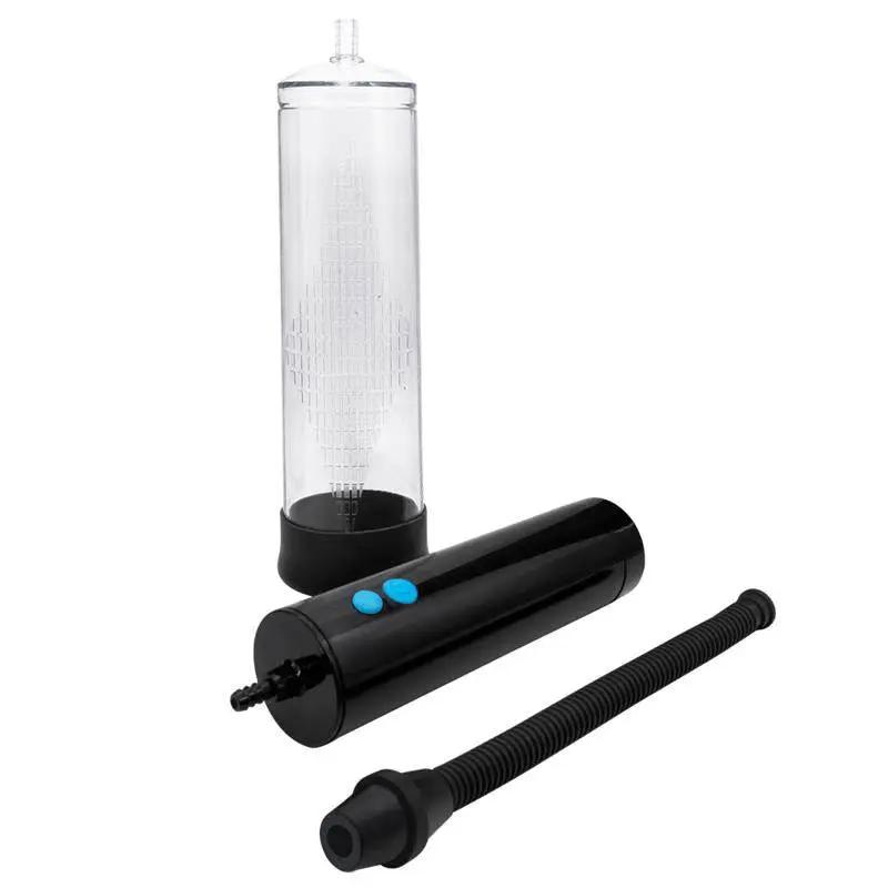 Transparent cylindrical pump with black automatic USB-powered base and flexible black hose attachment with two blue buttons.