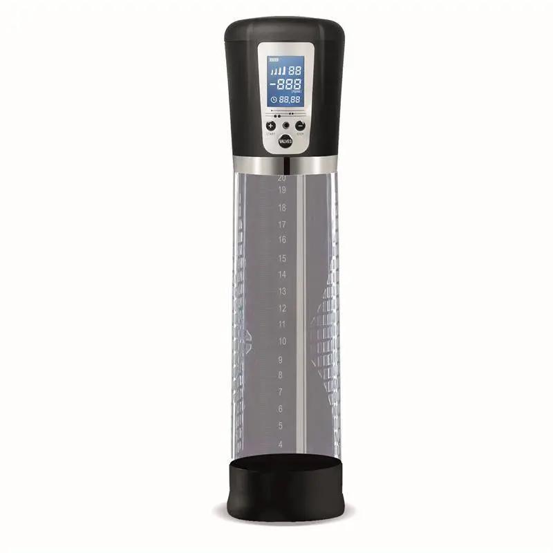 Transparent automatic pump cylinder with black top, digital LCD screen, and USB port.