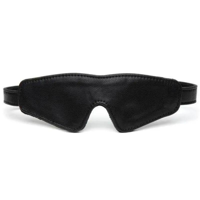 Black synthetic leather blindfold with adjustable strap and contoured eye cutouts.
