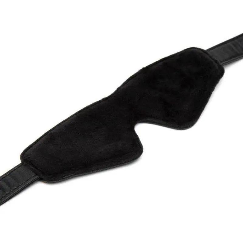 Black synthetic leather blindfold with adjustable elastic strap and soft padded interior.