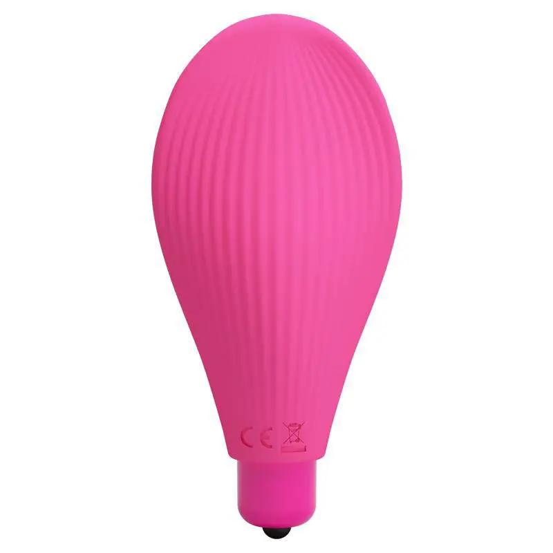 Pink ribbed silicone clitoris stimulator with rounded teardrop shape and small handle base.