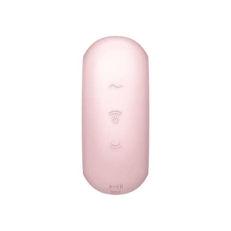 Compact rose pink clitoris sucker with three embossed control buttons on smooth surface.