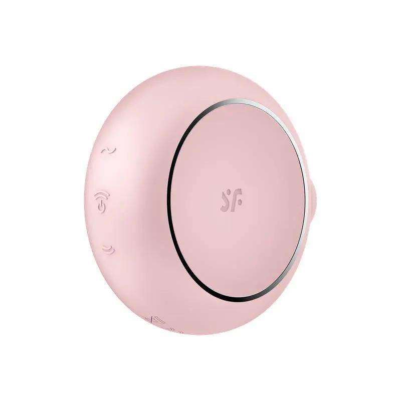 Compact pink clitoris suction device with subtle SF logo and side control buttons.