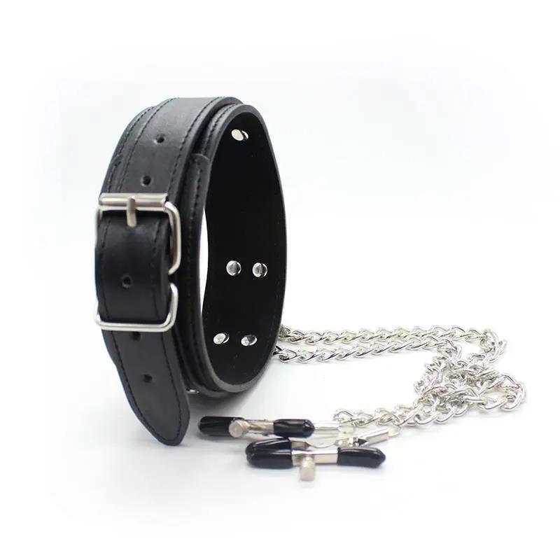 Black leather adjustable collar with silver buckle, metal chain, and nipple clamps with black tips.
