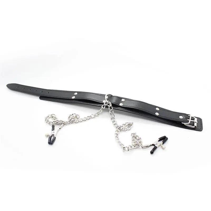 Black leather collar with adjustable buckle, connected to silver metal chain and nipple clamps.