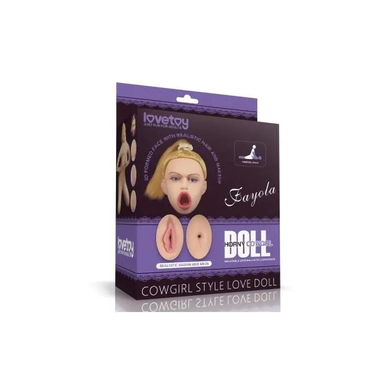 Compact Lovetoy Cowgirl Style Love Doll with blonde hair and open mouth design on purple packaging.