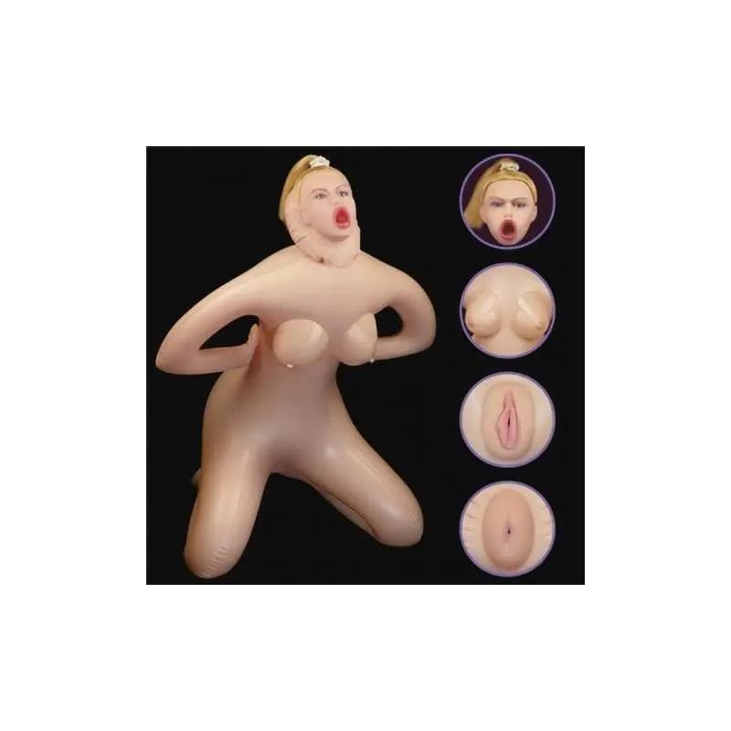 Inflatable doll with blonde hair styled in a ponytail and exaggerated facial features, nude body with prominent breasts and.