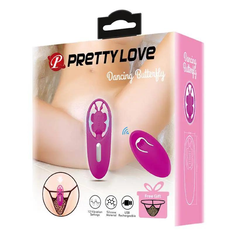 Pink butterfly-shaped panty stimulator with wireless remote control in branded PrettyLove packaging.