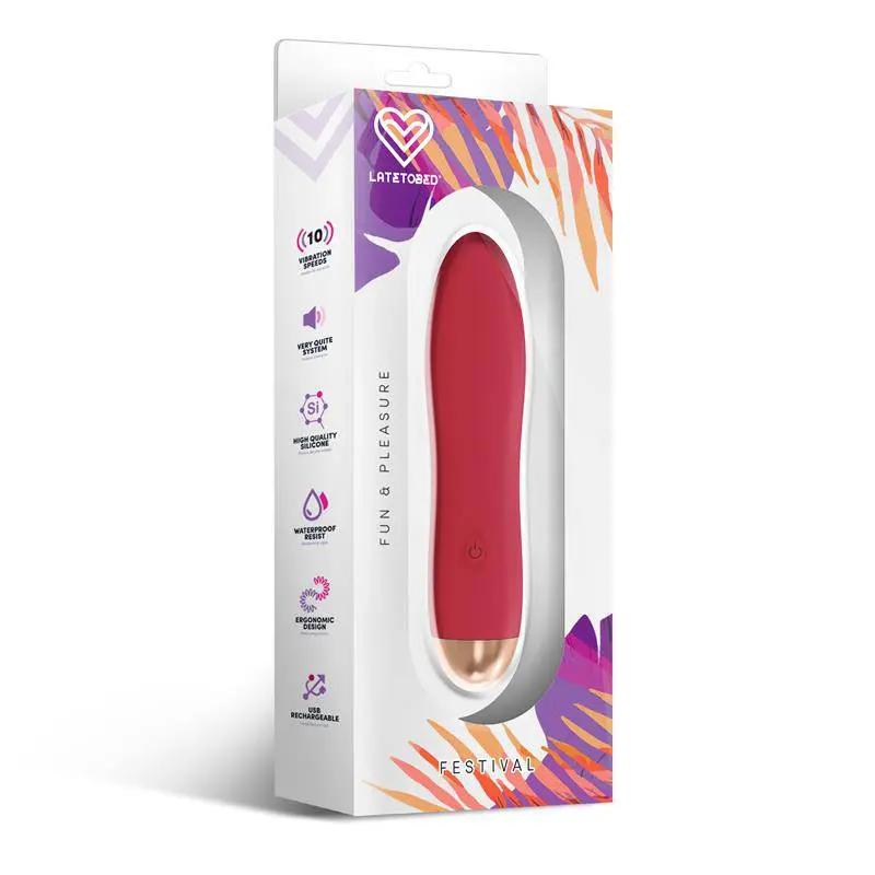 Rust red vibrator with sleek curved design and rose gold accent in colorful packaging.
