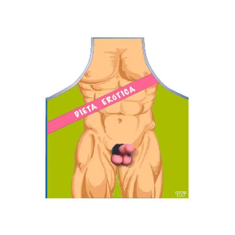 Green apron with a humorous muscular male torso and a pink sash reading "Dieta Erotica" across the waist.