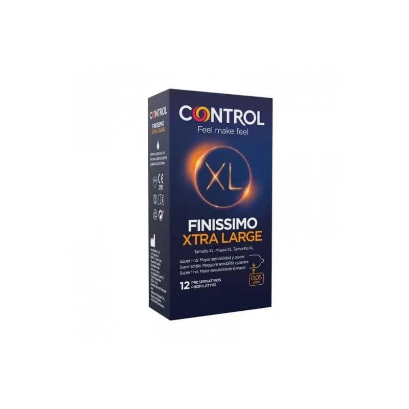 Dark blue box of CONTROL Finissimo Xtra Large condoms with orange XL logo and 12-count label.